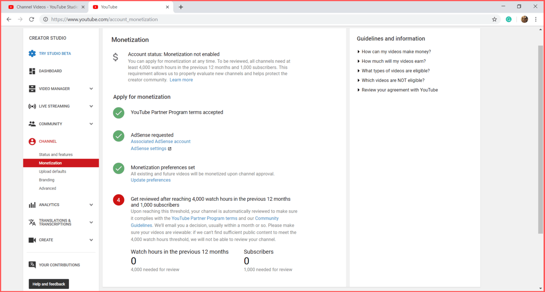 completed 3 steps of youtube monetization