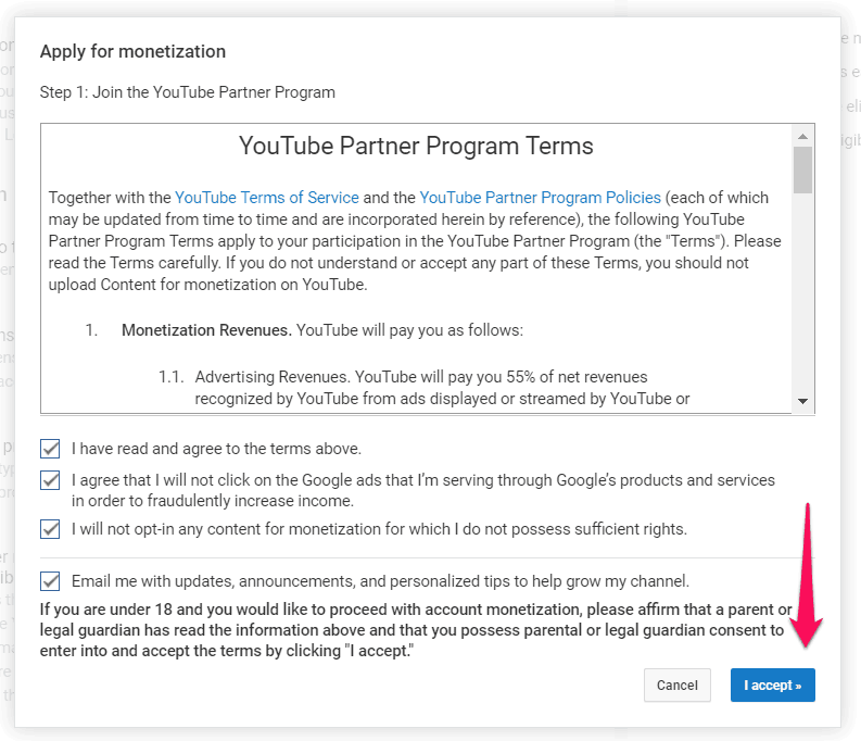 Accept the YouTube Terms and conditions
