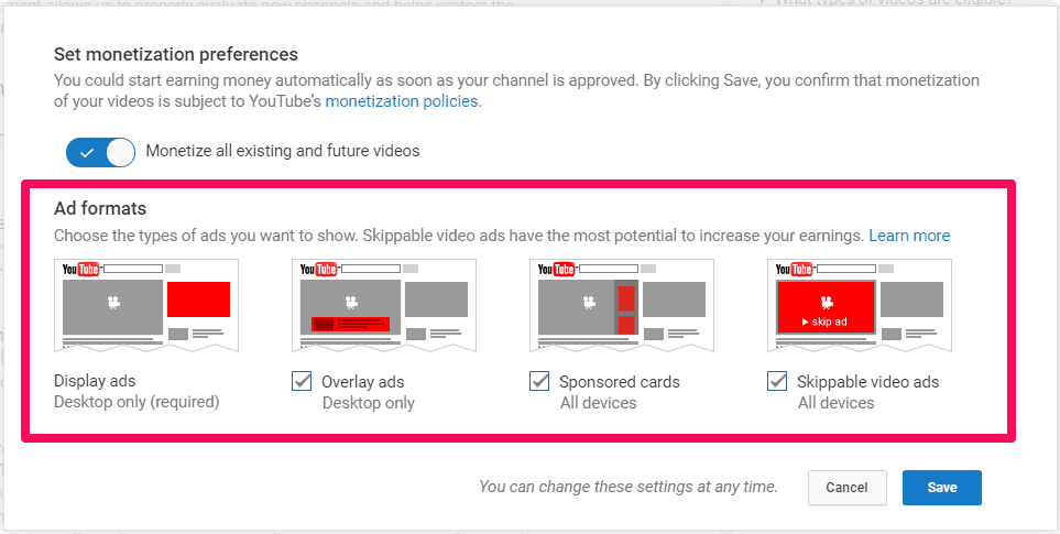 Choose the Adsense Ad formats