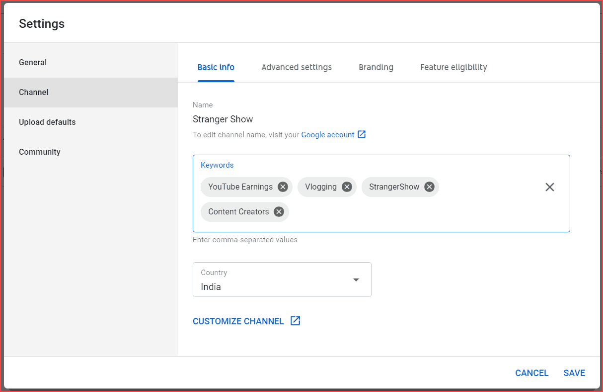 Channel Keywords in Basic Info