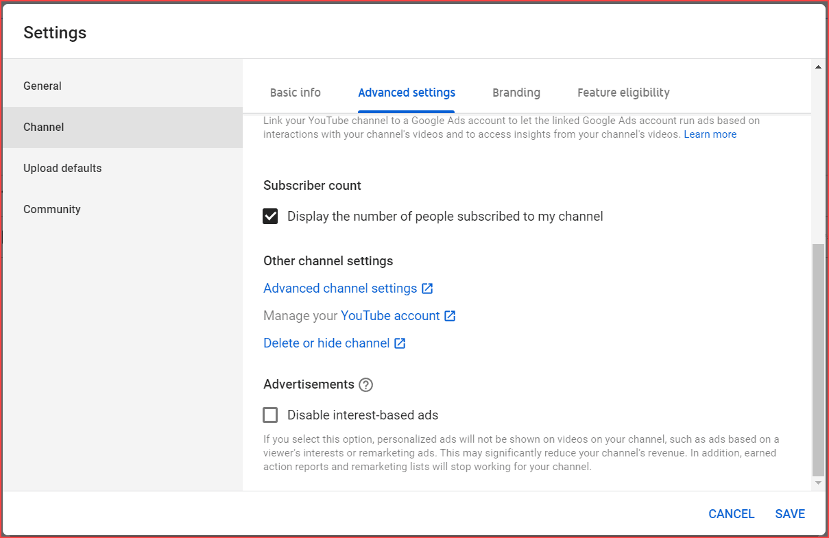 Interest based ads in advanced settings