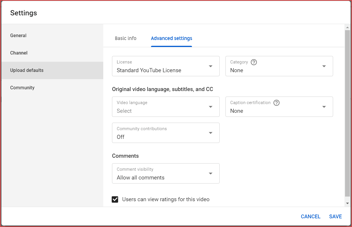 Upload default advanced settings tab