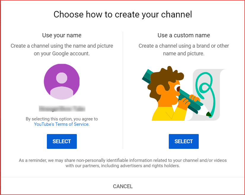 Use a custom name for starting a YouTube channel