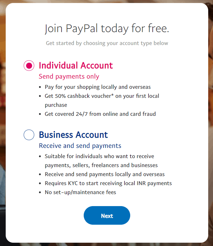Choose PayPal account type