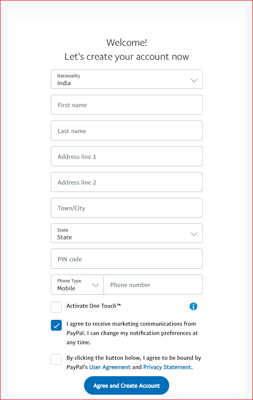 Create account in PayPal enter basic details