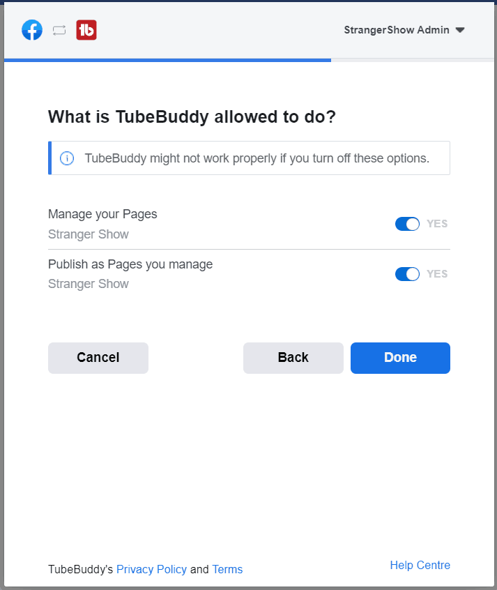 TubeBuddy allowed to facebook