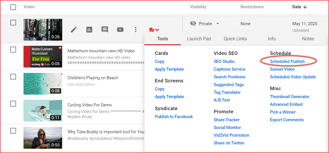 Schedule publish button on TubeBuddy