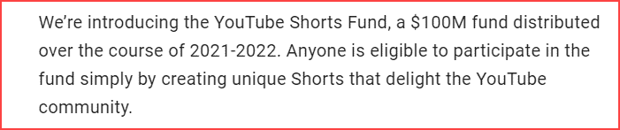 YouTube Shorts Fund of $100M over the cours of 2021-2022