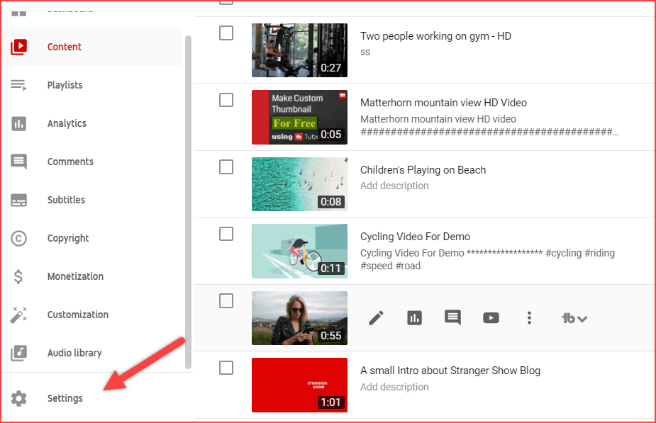 Settings tab on YouTube studio