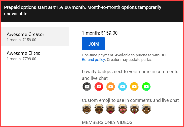 Channel membership premium option creators
