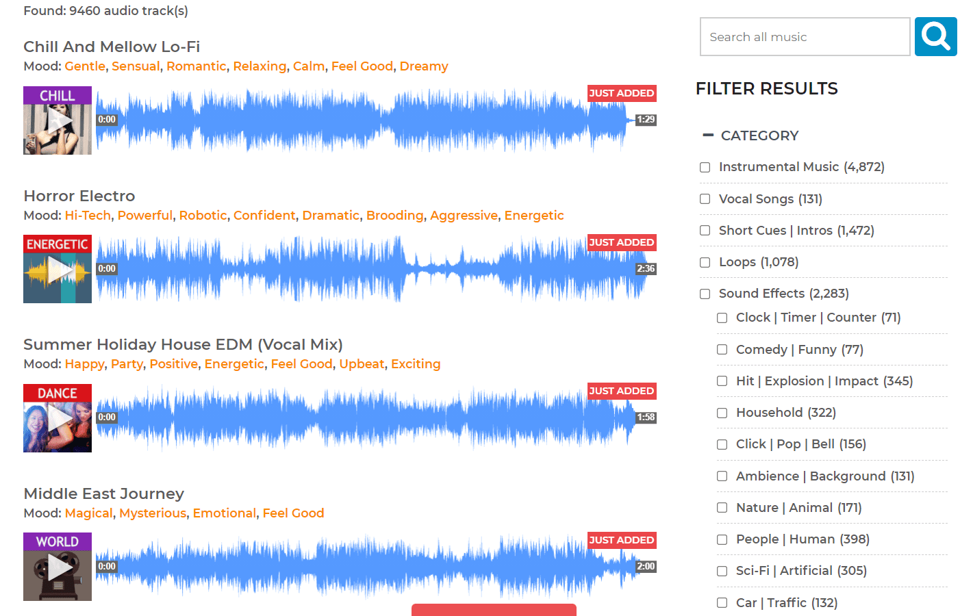 TunePocket Audio Library with category filters