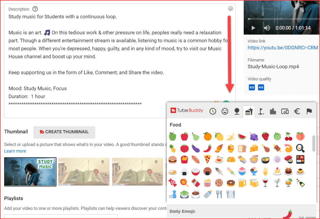 Add emojis in YouTube description