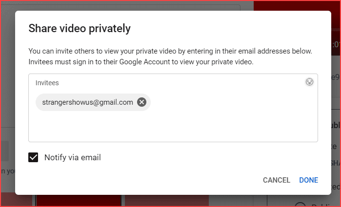 Share video privately with invite email option