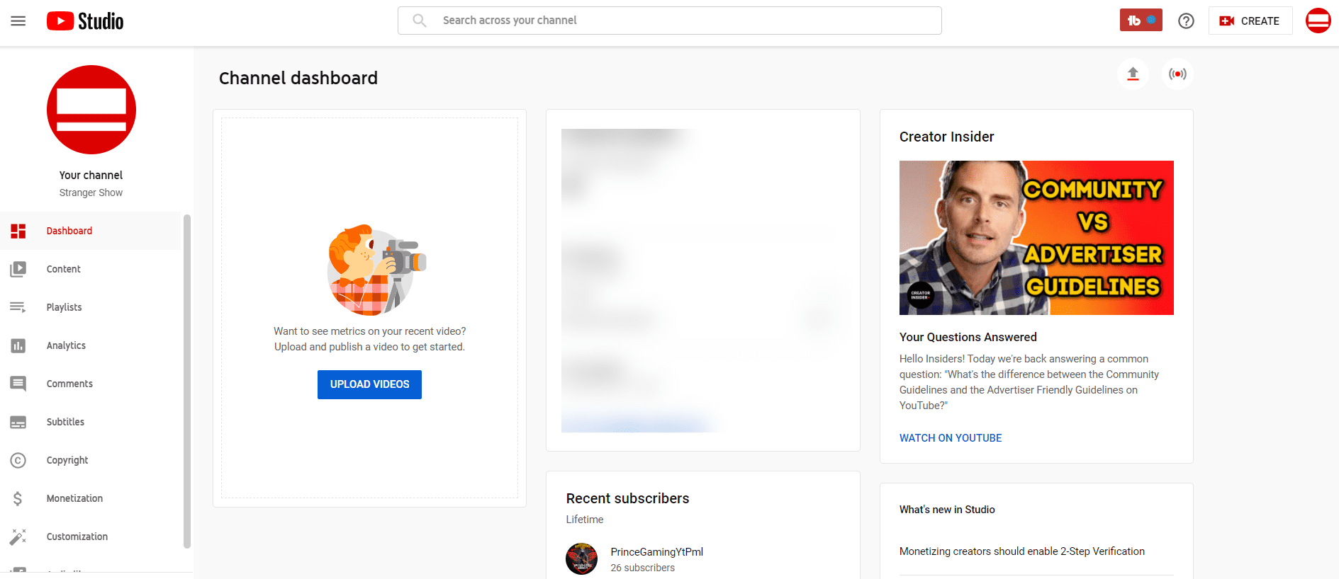StrangerShow YouTube Studio Dashboard