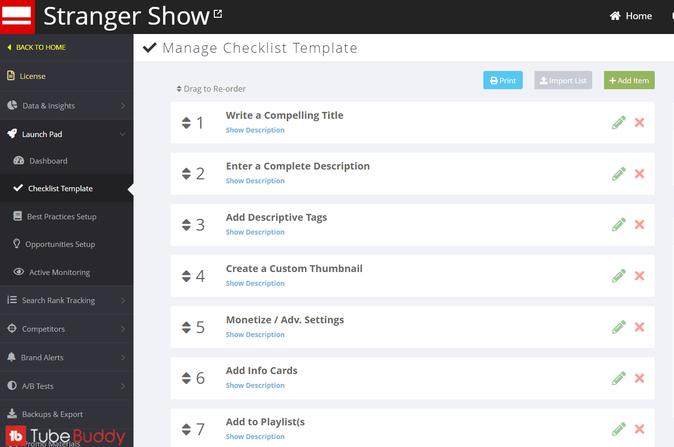 TubeBuddy checklist templates