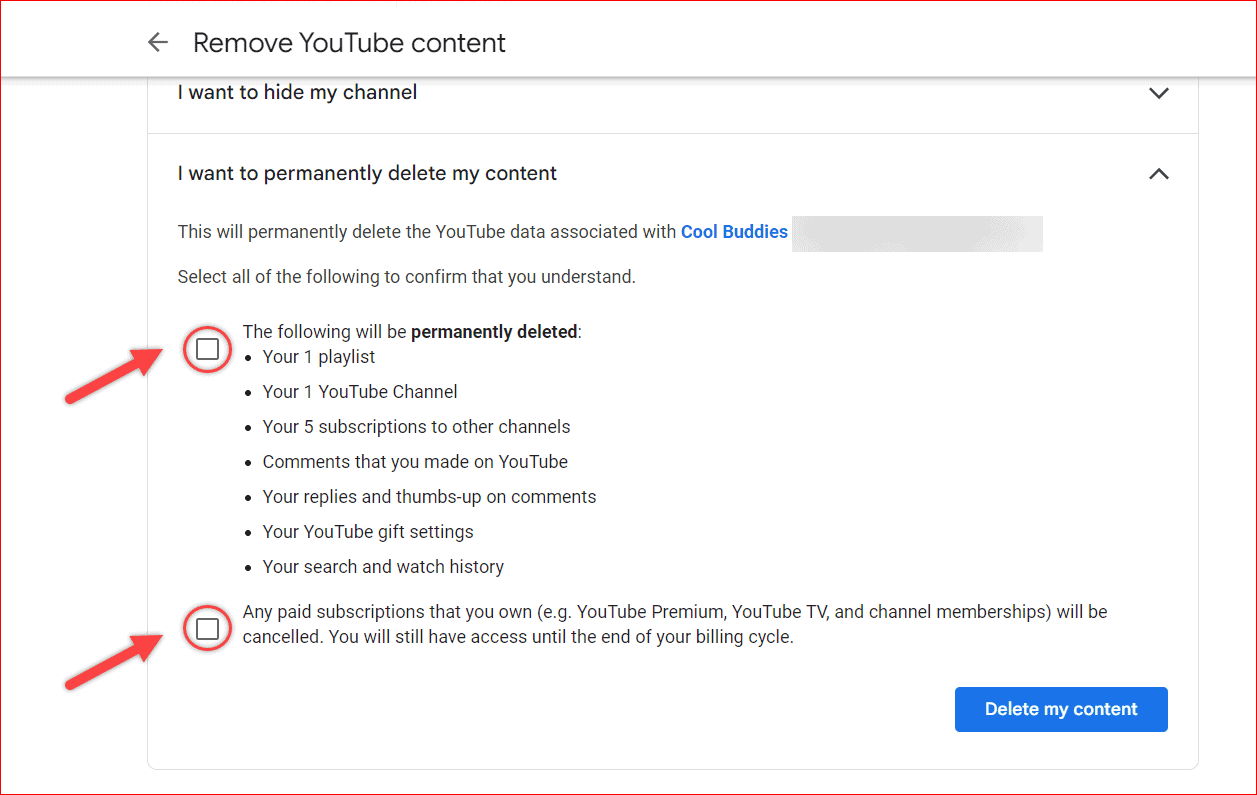Check the options to remove YouTube content