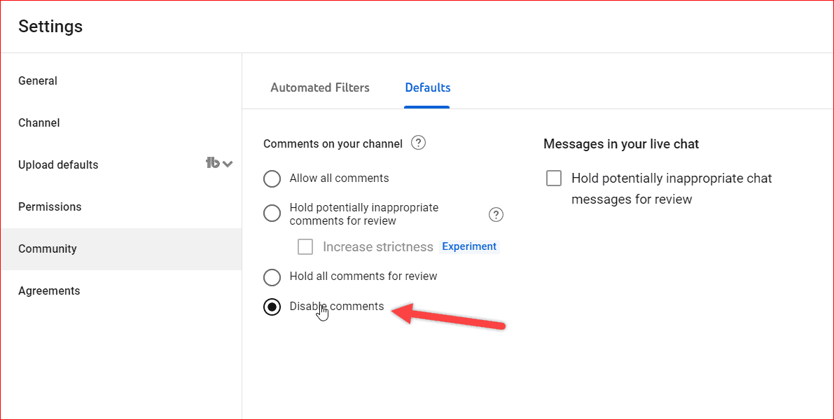 Disable YouTube Comments under Settings