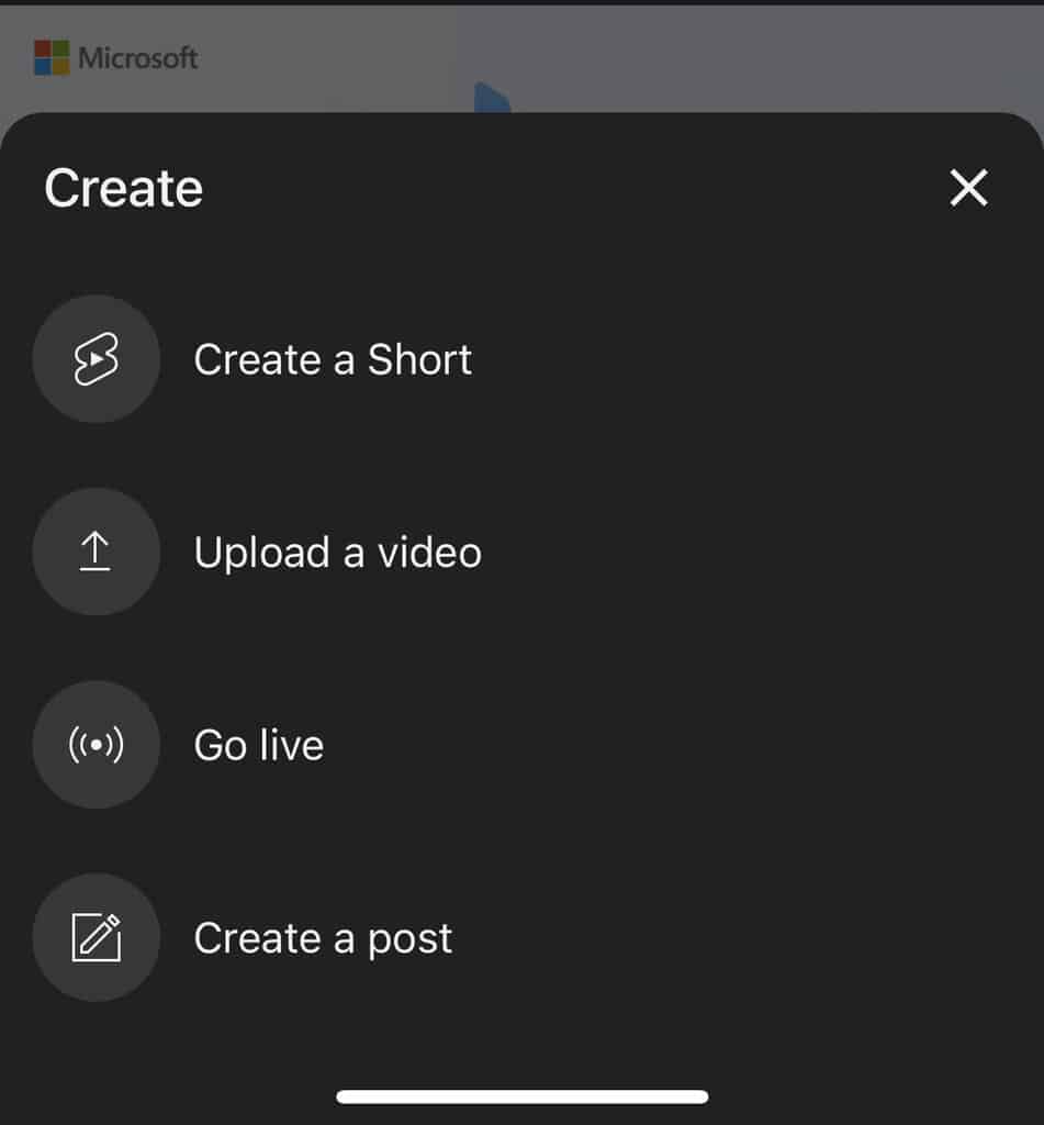 Create a Short Video button on YouTube Mobile APP