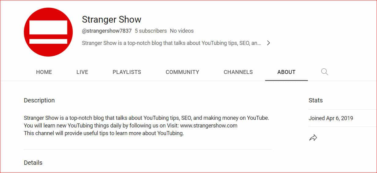 StrangerShow YouTube About Page
