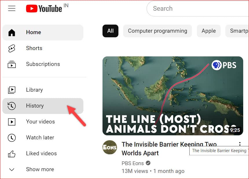 History tab on YouTube Computer
