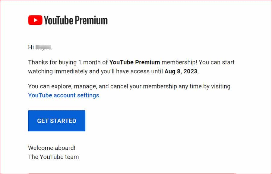 YouTube premium confirmation mail