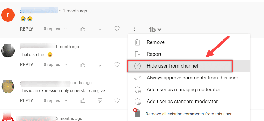 Hide user from channel on comments