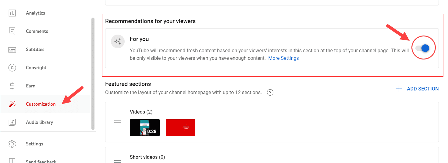 For you channel settings under customization