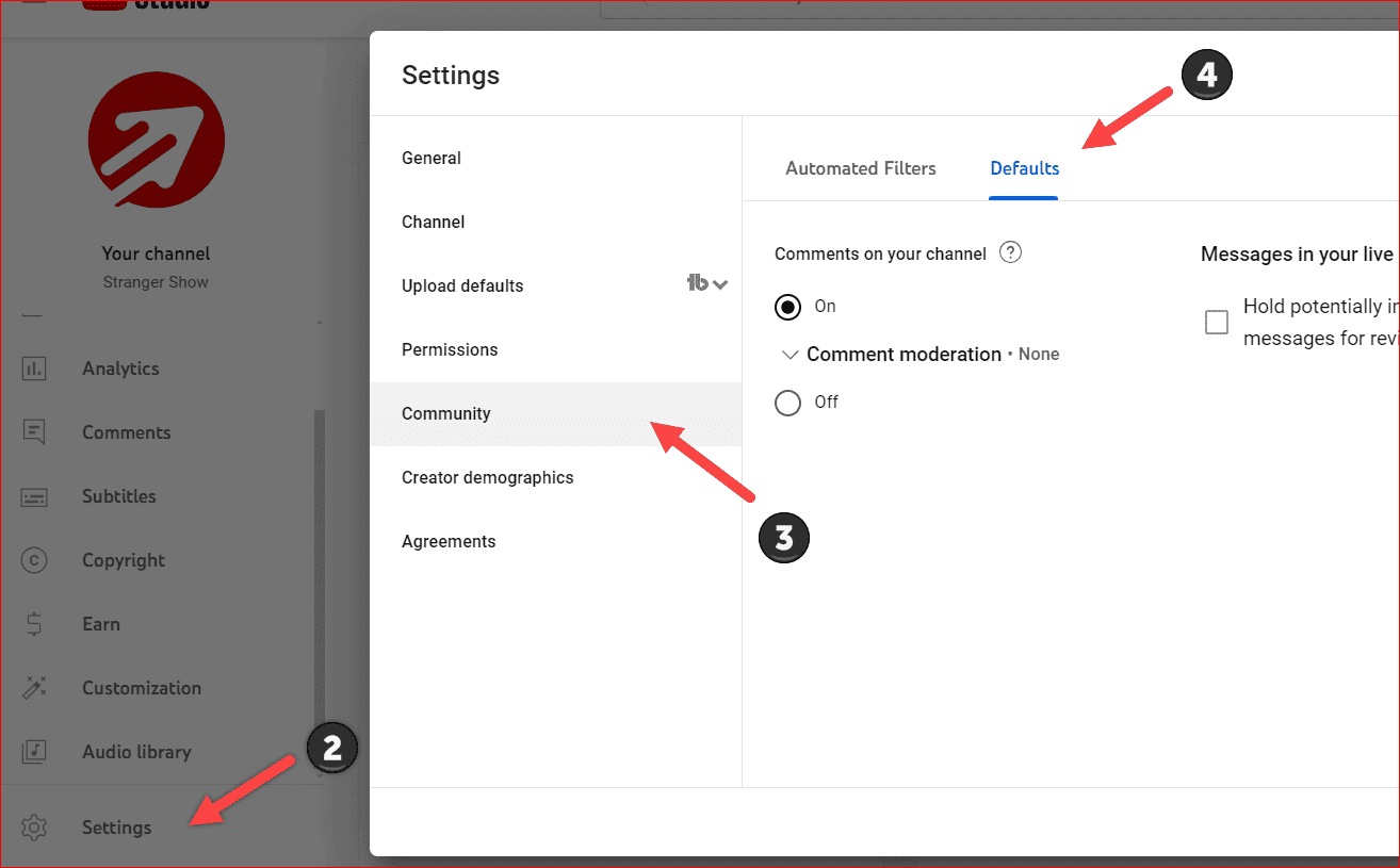 Channel Default tab Settings