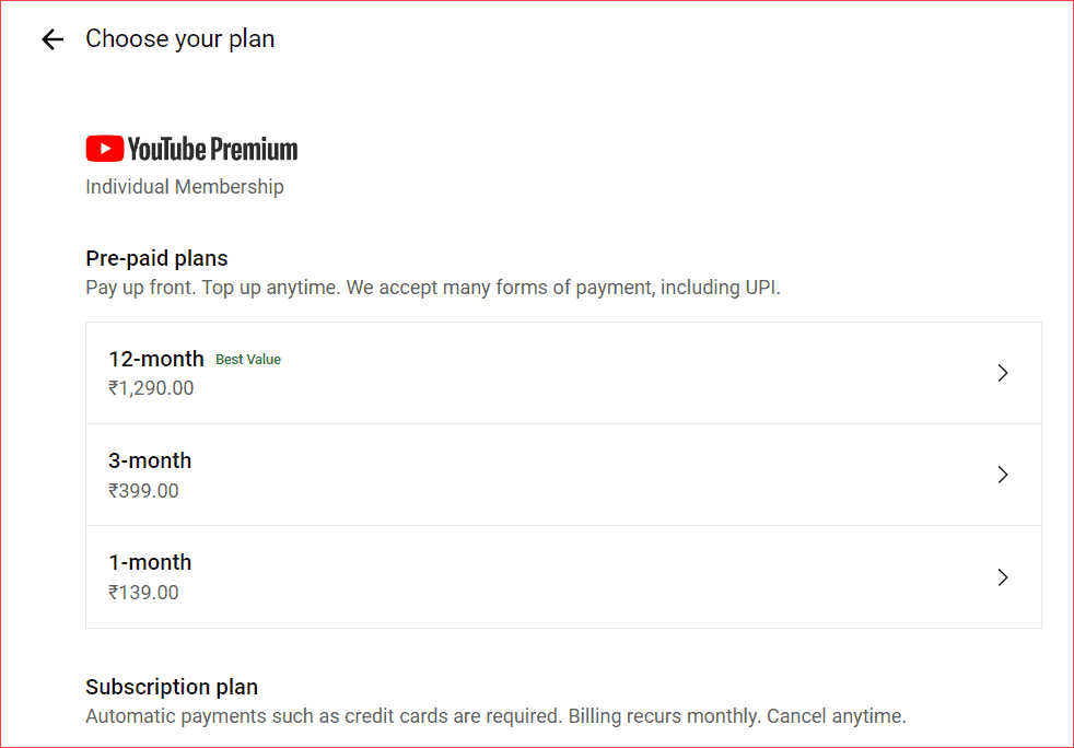 Choose your premium plan