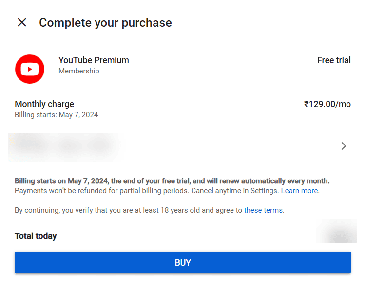 Complete Purchase on YouTube Premium