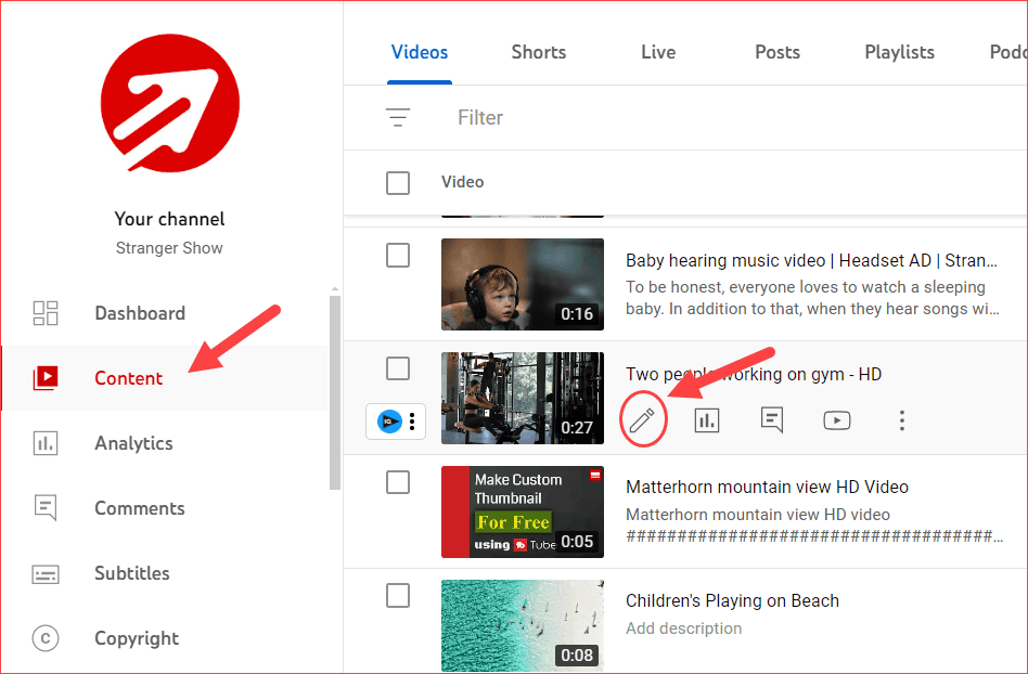 Content Video details edit button page