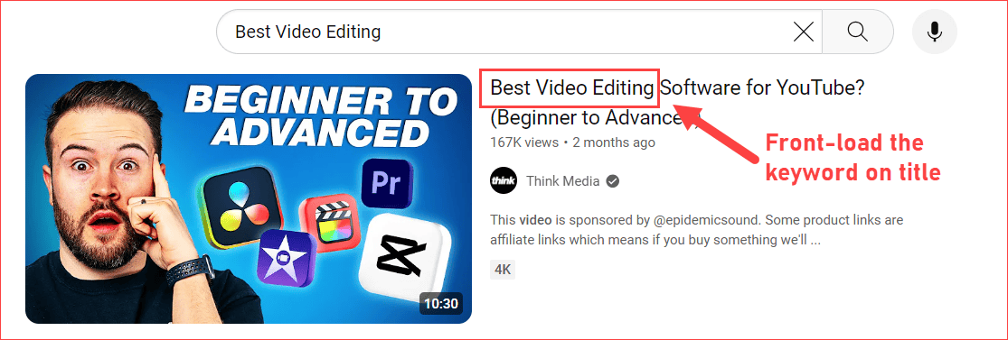 Front load keywords on video title