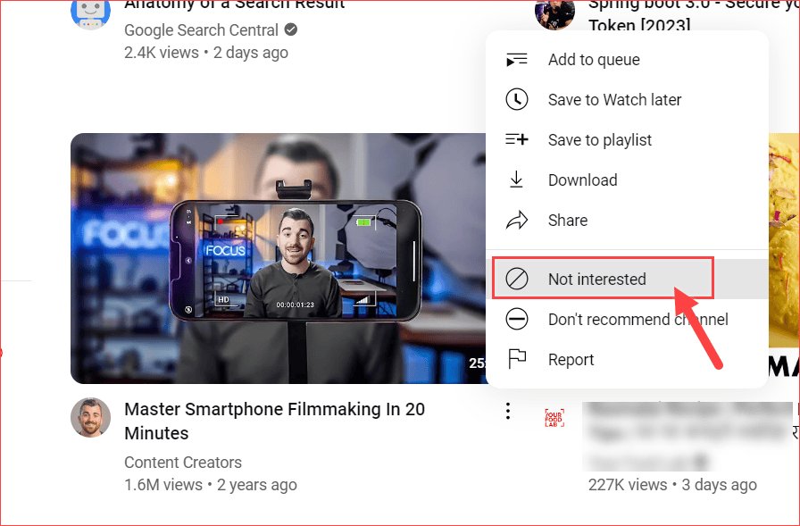 Not Interested YouTube Channels Option
