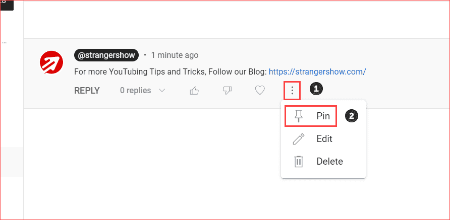 Pin comments from YouTube studio