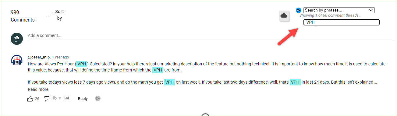 Search by phrases on YouTube comments