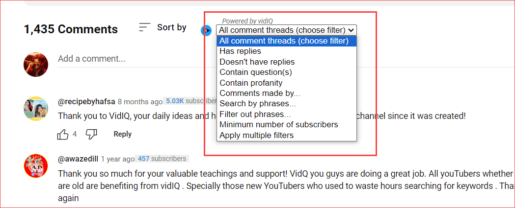 Searching comments filter option by VidIQ