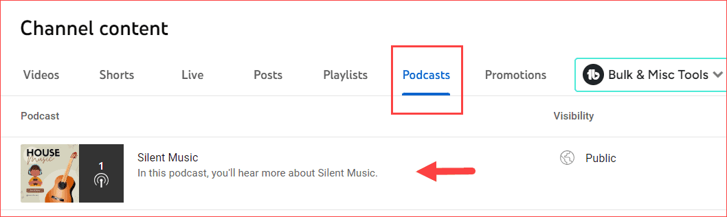 Podcast tab section for the channel content