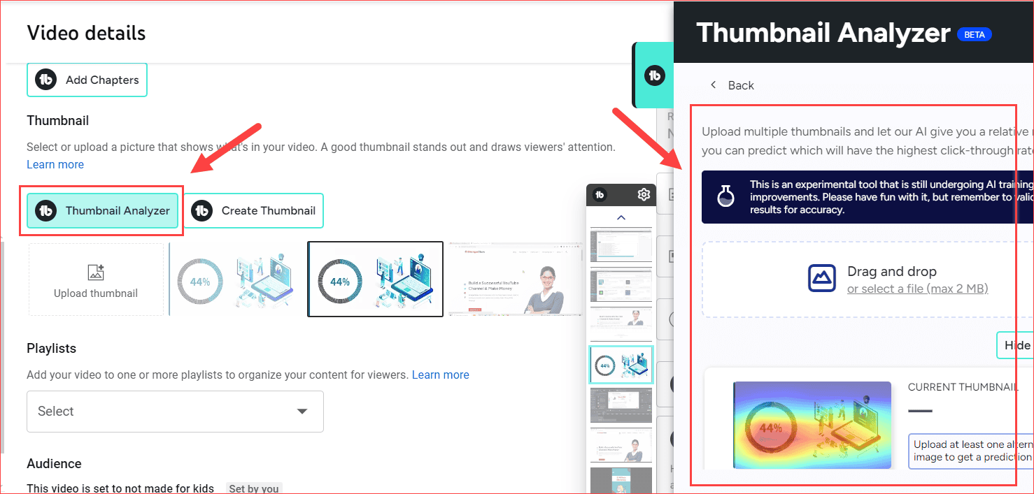 TubeBuddy's AI thumbnail analayzer generator