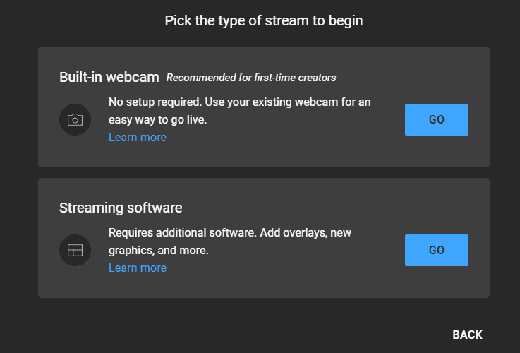 Web cam live stream option