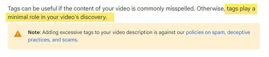 Stop using YouTube Video Tags as it plays a mimimal role in video discovery