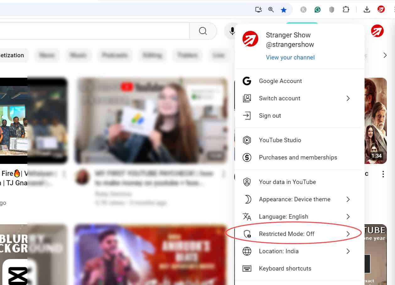 turn on off the restricted mode on YouTube